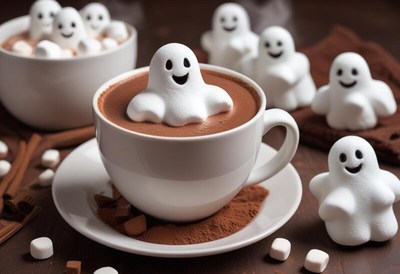 Cute marshmallow ghosts in hot cocoa for halloween fun