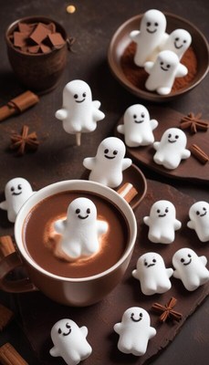Delightful marshmallow ghosts float in hot chocolate