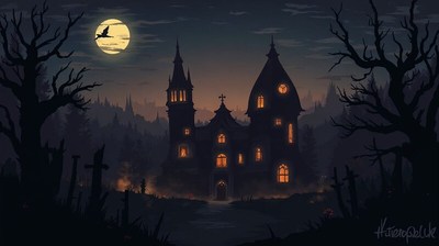 Spooky haunted mansion on a moonlit night