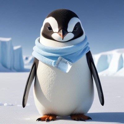 Penguin wearing a blue scarf on icy landscape