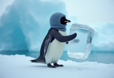 Penguin holds ice block in icy landscape