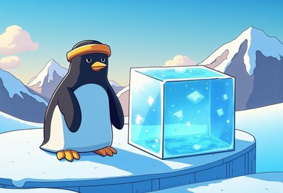 Penguin in a snowy landscape near a glowing ice cube