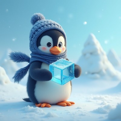 Penguin enjoys snowy day holding a blue ice cube