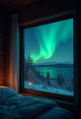 Stunning northern lights view from cozy cabin window