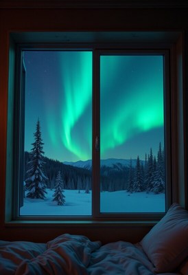 Beautiful northern lights from a cozy cabin window