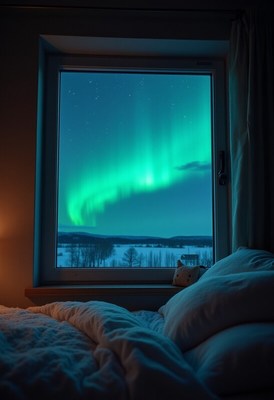 Stunning northern lights view from a cozy bedroom window