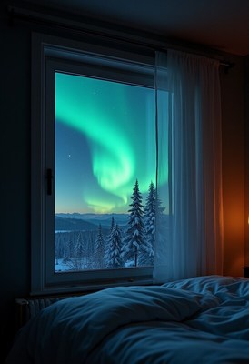 Beautiful northern lights seen from a cozy bedroom window