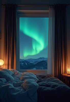Breathtaking aurora viewed from a cozy bedroom at night