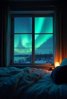 Captivating aurora view from a cozy room at night
