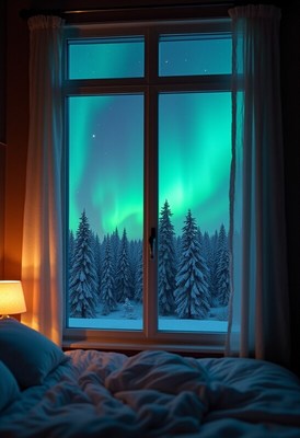 Northern lights viewed from a cozy bedroom window at night