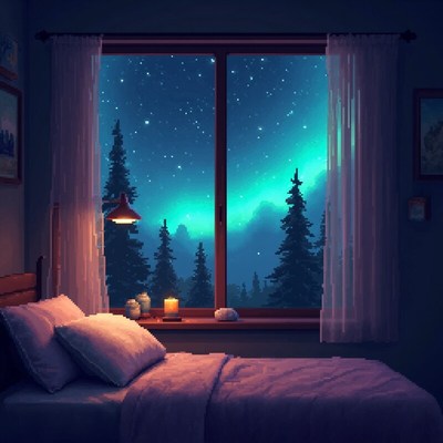 Serene bedroom view of starry night and aurora