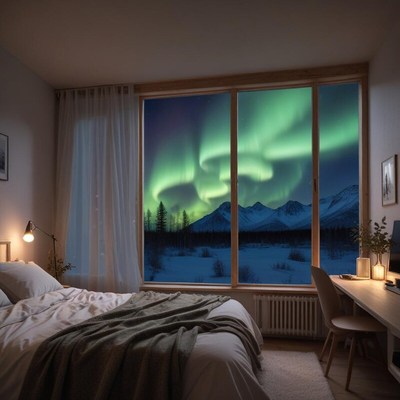 Northern lights illuminate a bedroom in the mountains