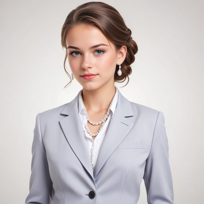 Professional woman in light gray suit with elegant jewelry