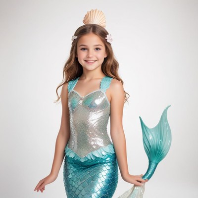 Young girl dressed as a mermaid in bright costume