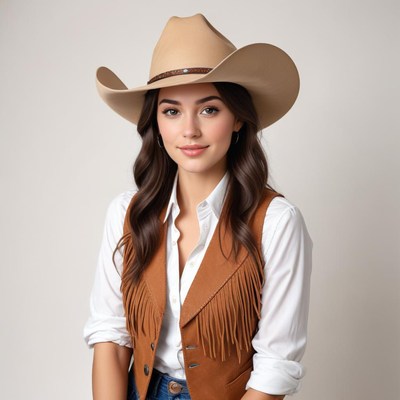 Beautiful woman in cowboy attire with a wide-brim hat