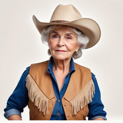 Elderly woman in cowboy attire with a hat and vest