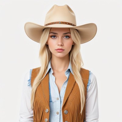 Cowgirl poses confidently in a stylish outfit