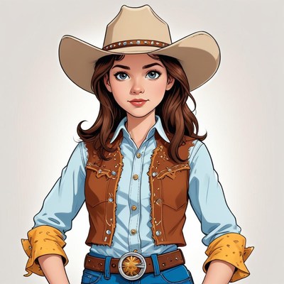 Cowgirl in brown vest and hat stands confidently