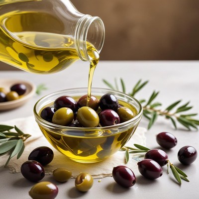Pouring olive oil over fresh olives in kitchen setting