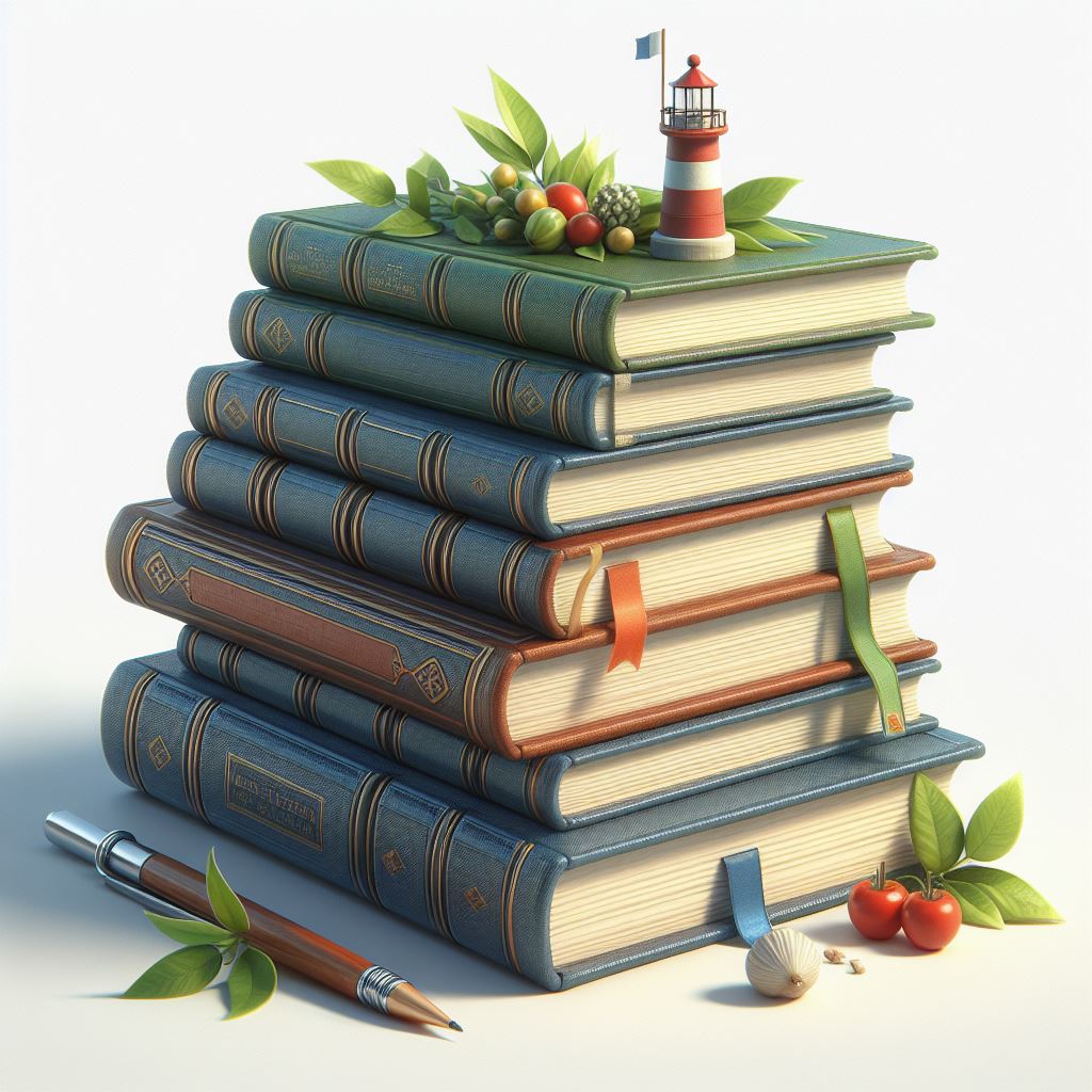 Stack of books with lighthouse and pencil Stack of books with lighthouse and pencil
