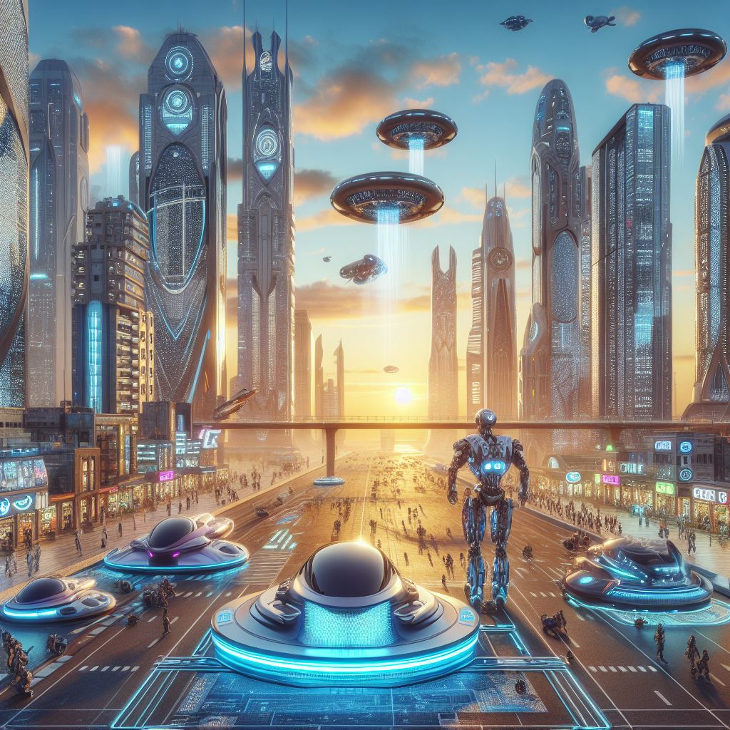 Futuristic cityscape with flying vehicles Futuristic cityscape with flying vehicles