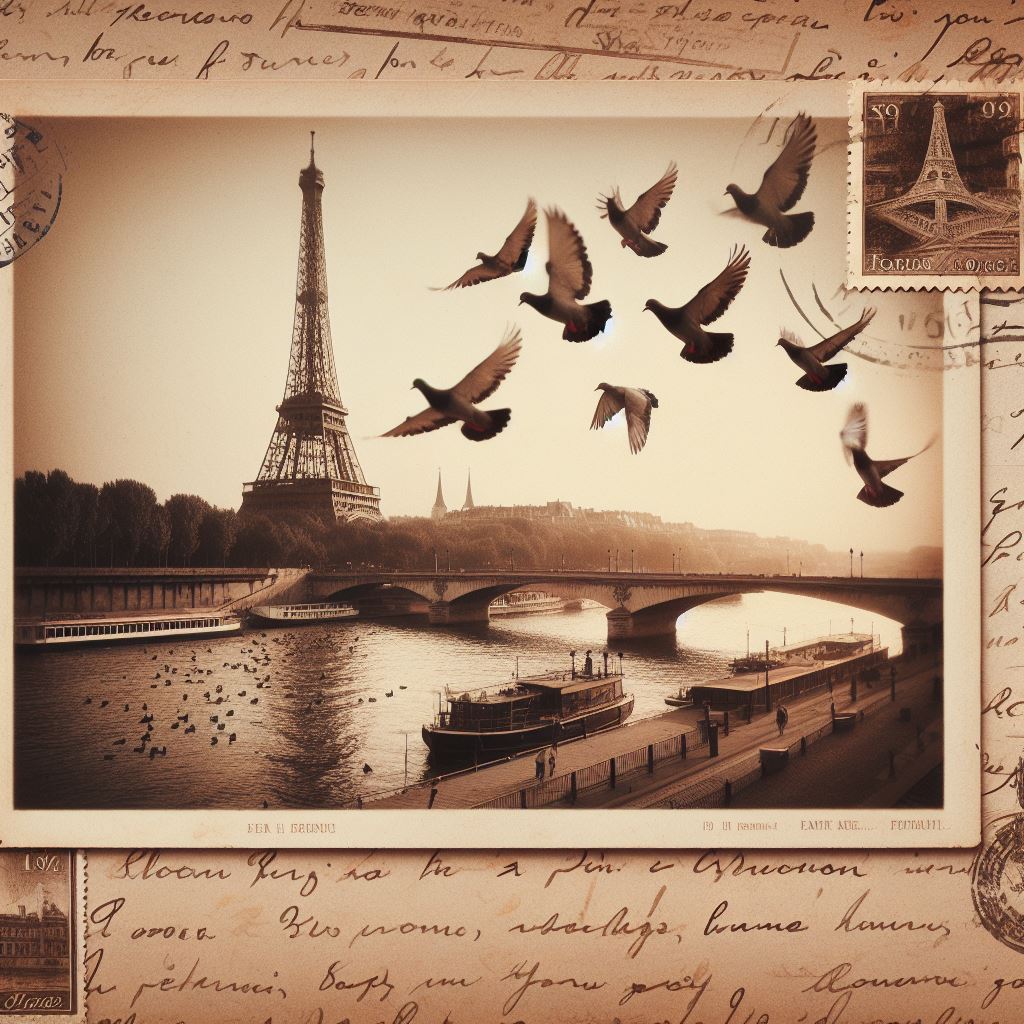 Eiffel tower postcard with pigeons Eiffel tower postcard with pigeons