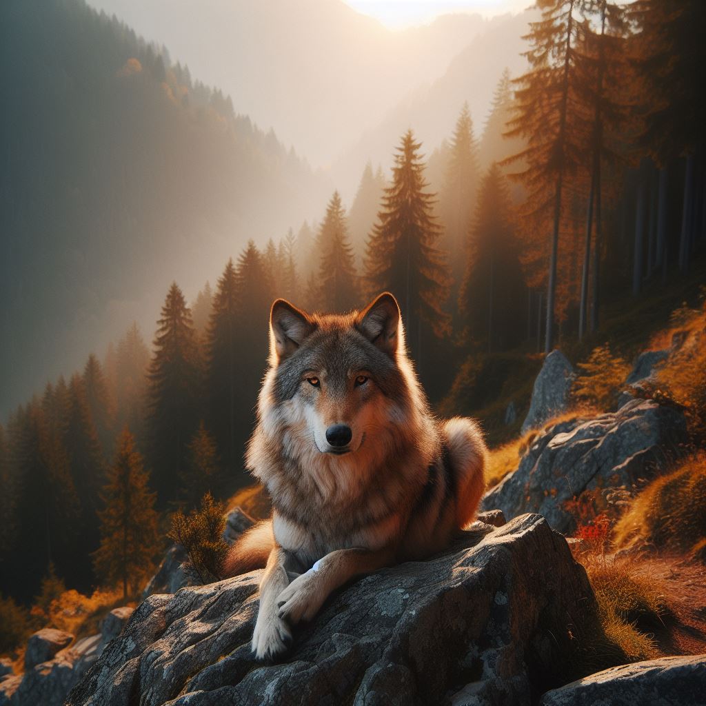 Wolf resting on mountain rock at sunset Wolf resting on mountain rock at sunset
