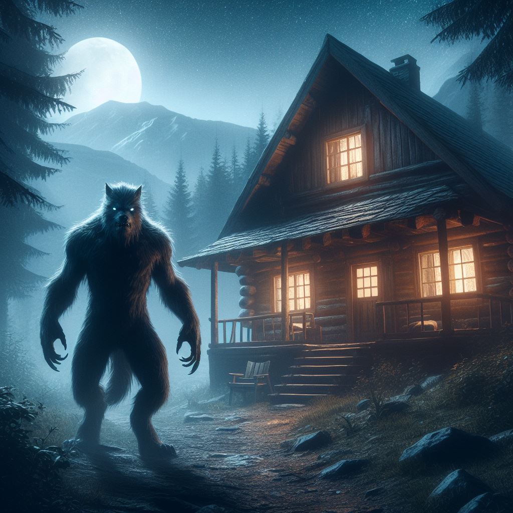 Werewolf outside cabin at night Werewolf outside cabin at night