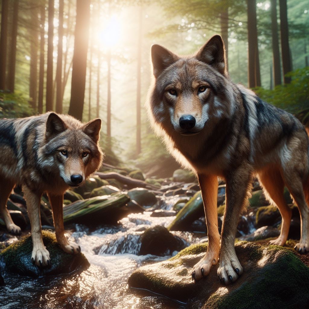 Wolves by a stream at sunset Wolves by a stream at sunset