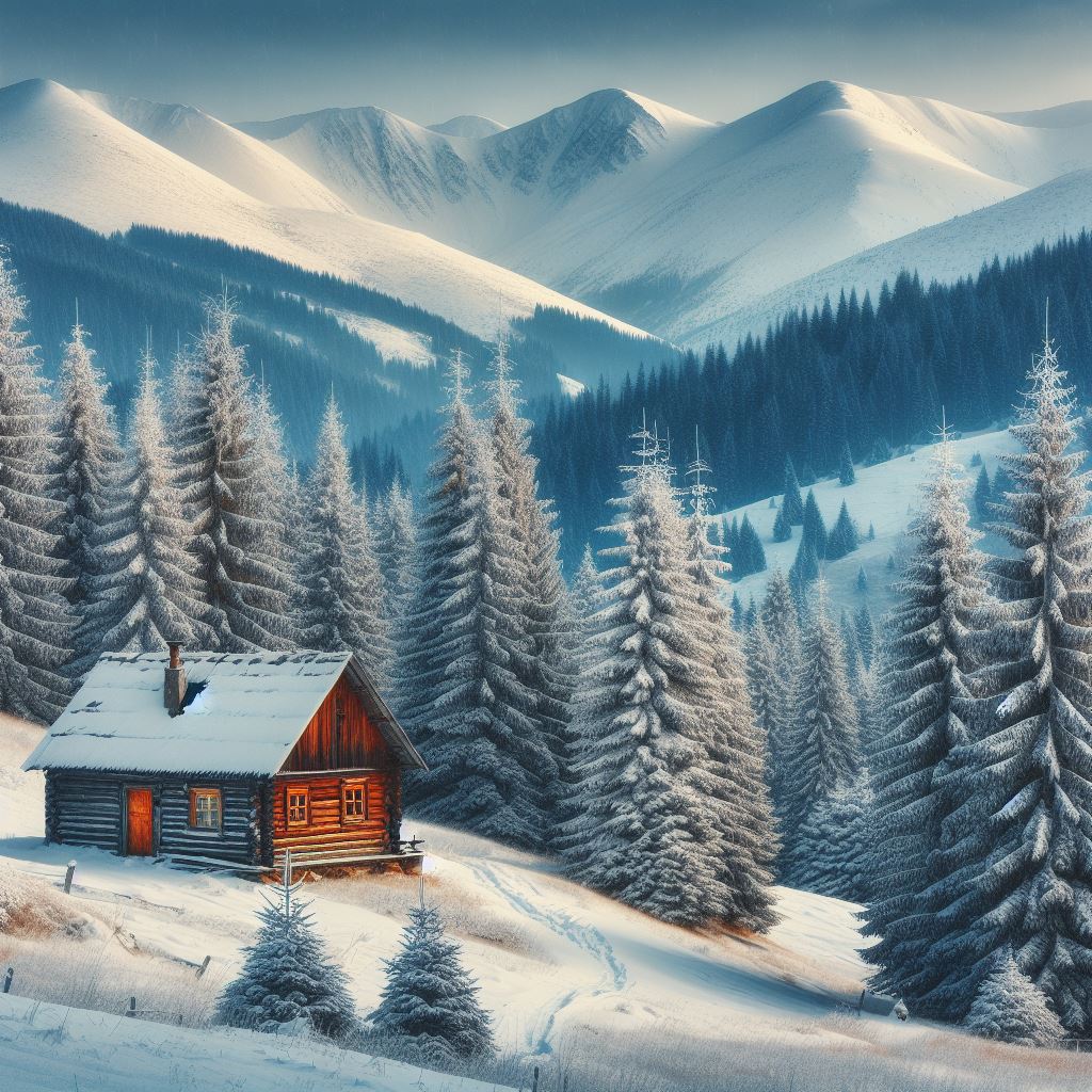 Cabin in snowy mountain forest Cabin in snowy mountain forest