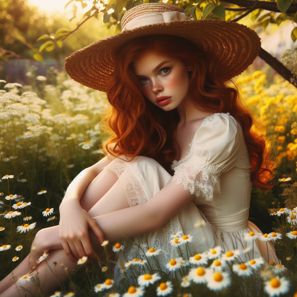 Redhead woman in a field of daisies Redhead woman in a field of daisies