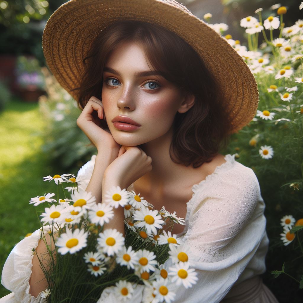 Woman in straw hat posing with daisies Woman in straw hat posing with daisies