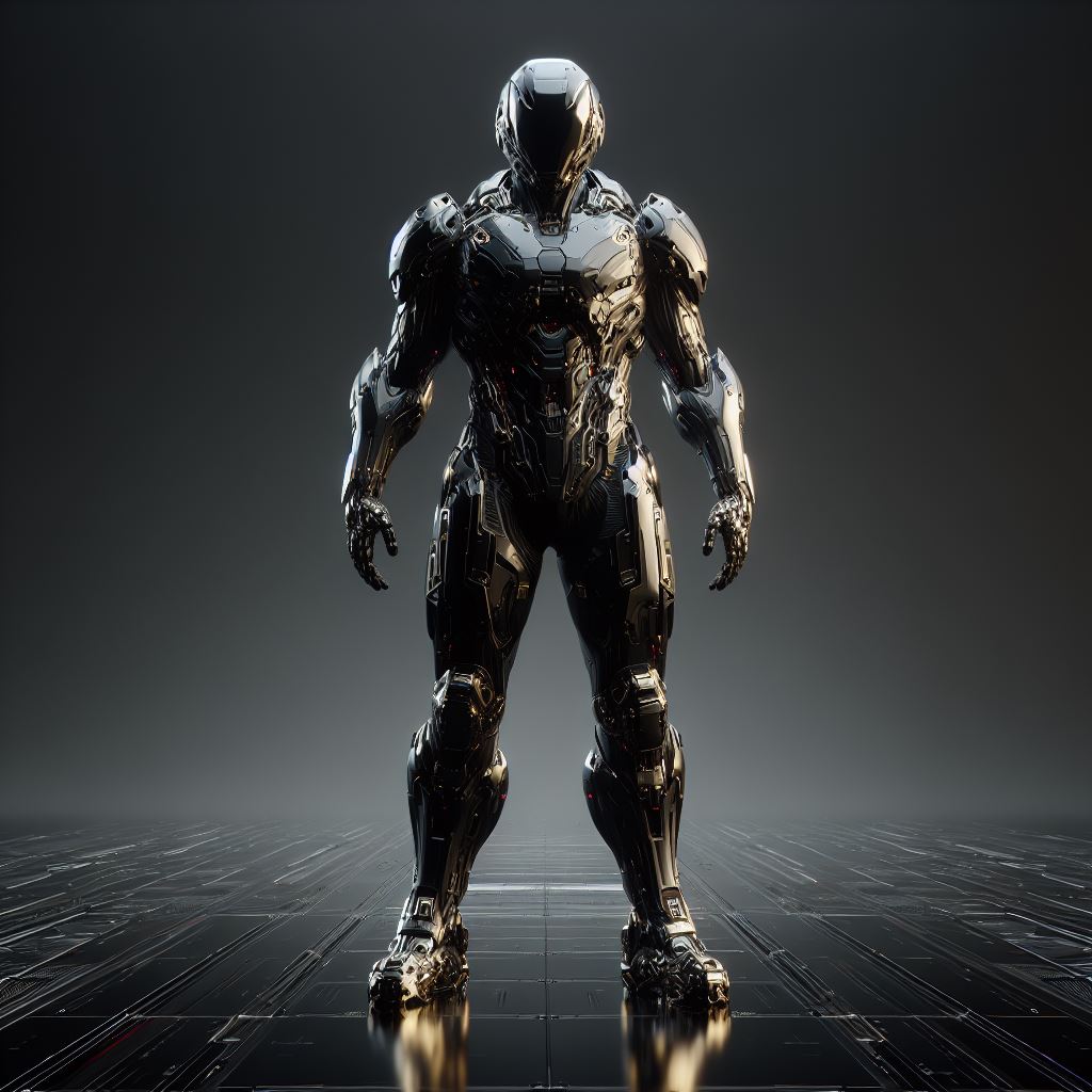 Cybernetic warrior standing on grid floor Cybernetic warrior standing on grid floor
