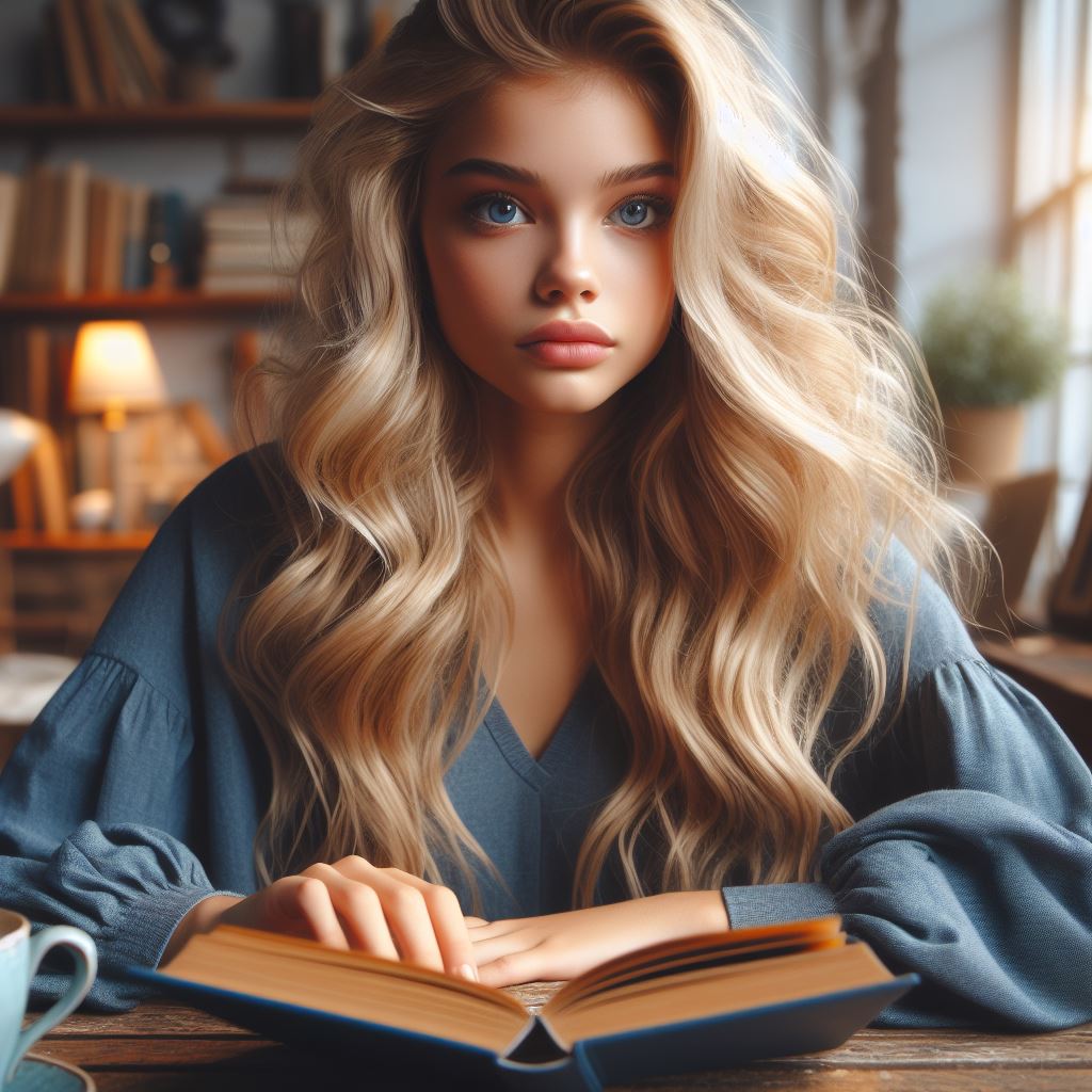 Blonde woman reading book in cafe Blonde woman reading book in cafe