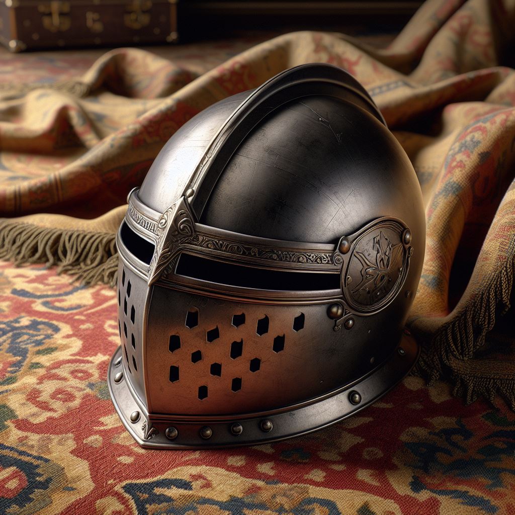 Medieval knight helmet on ornate rug Medieval knight helmet on ornate rug