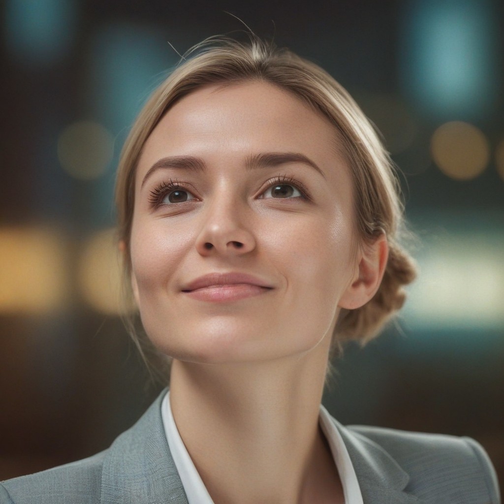 Woman smiling and looking up at night Woman smiling and looking up at night