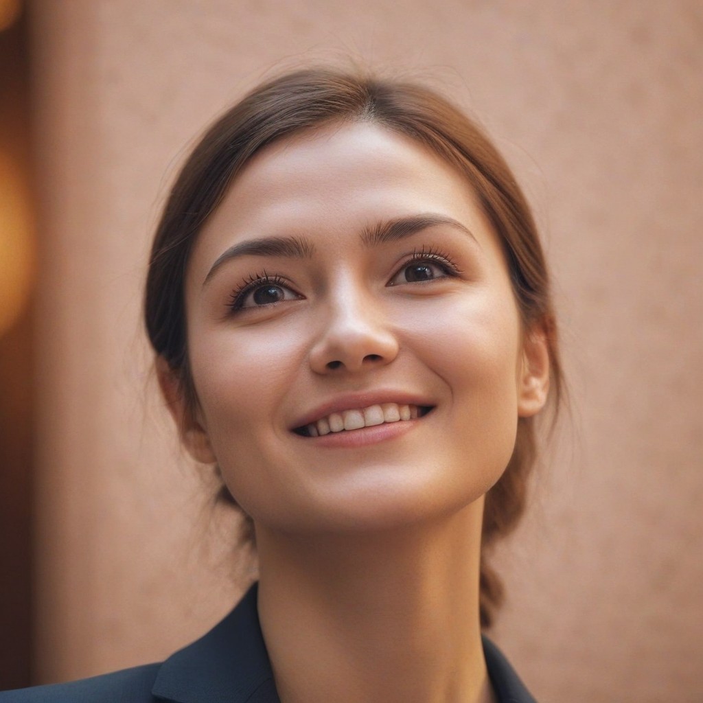Woman smiling upward in sunlight Woman smiling upward in sunlight