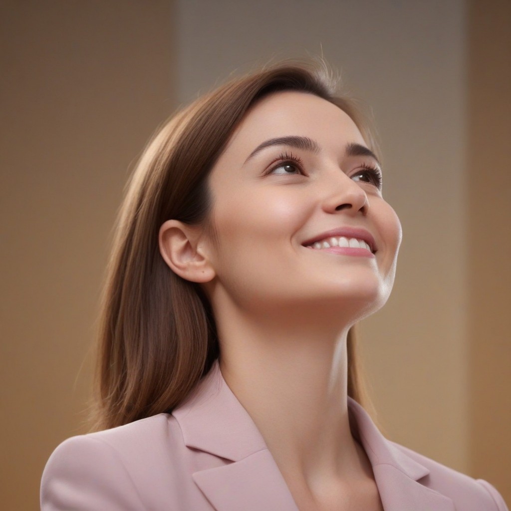Woman smiling upward in a pink blazer Woman smiling upward in a pink blazer