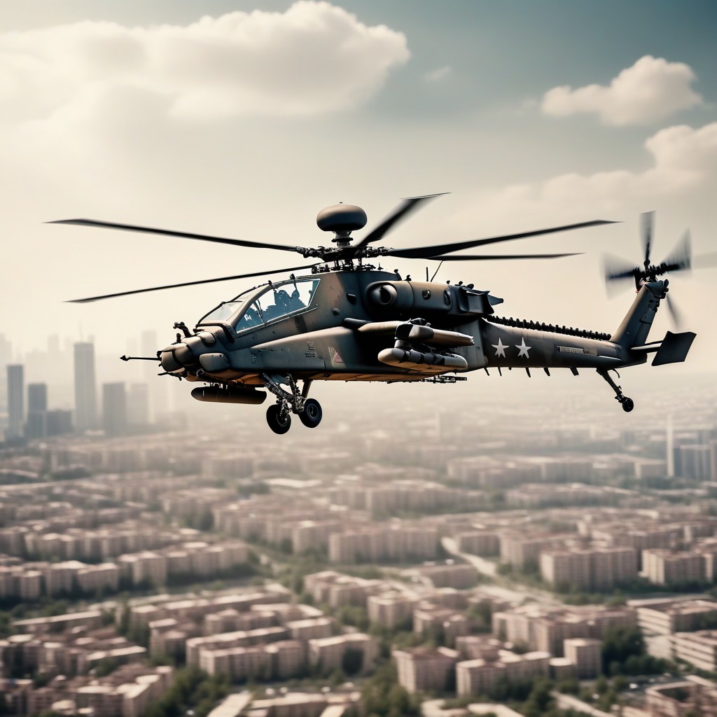 Military helicopter flying over city Military helicopter flying over city