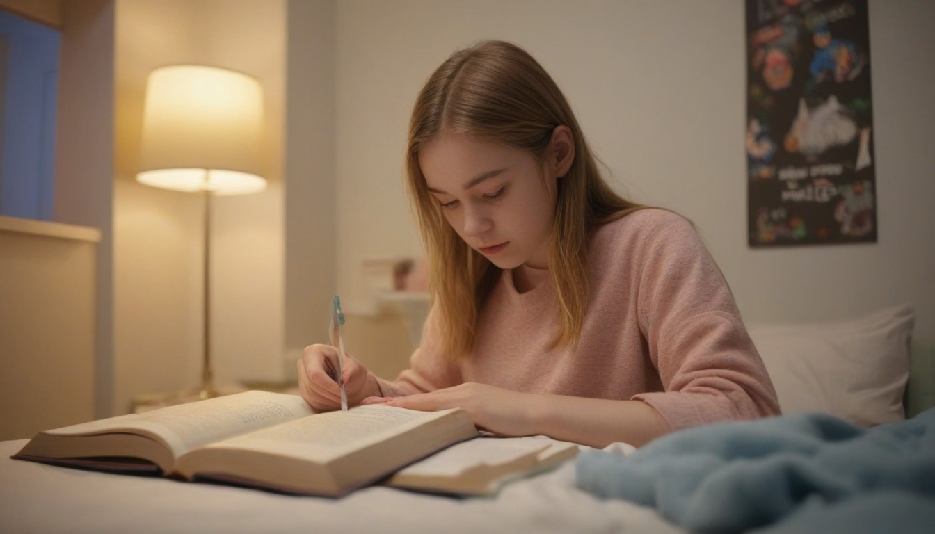 Young woman studying in bed Young woman studying in bed