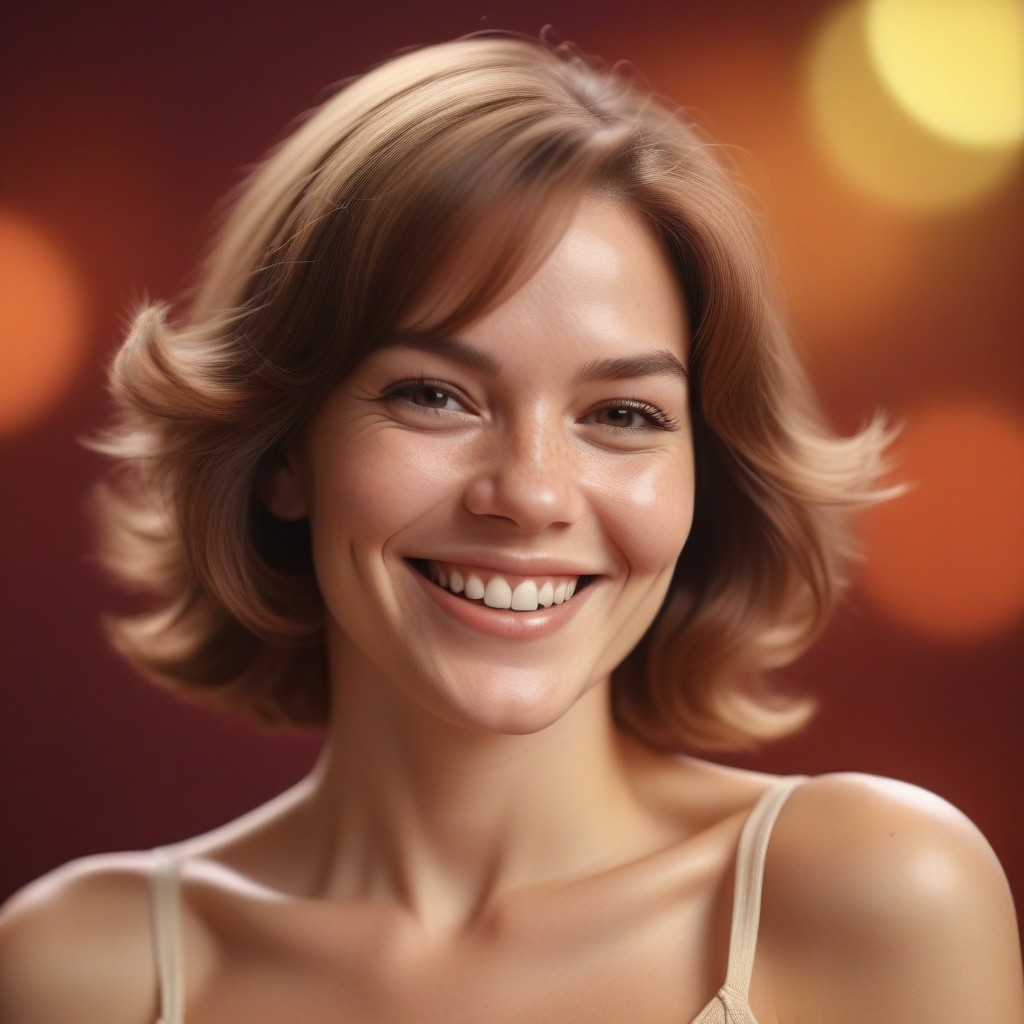 Woman smiling with short hair and bokeh background Woman smiling with short hair and bokeh background