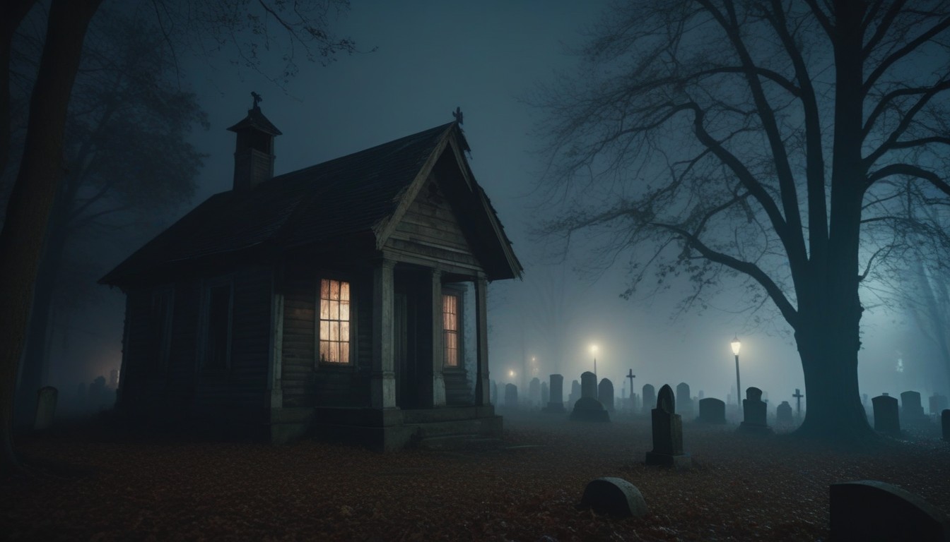 Small house in foggy cemetery at night Small house in foggy cemetery at night