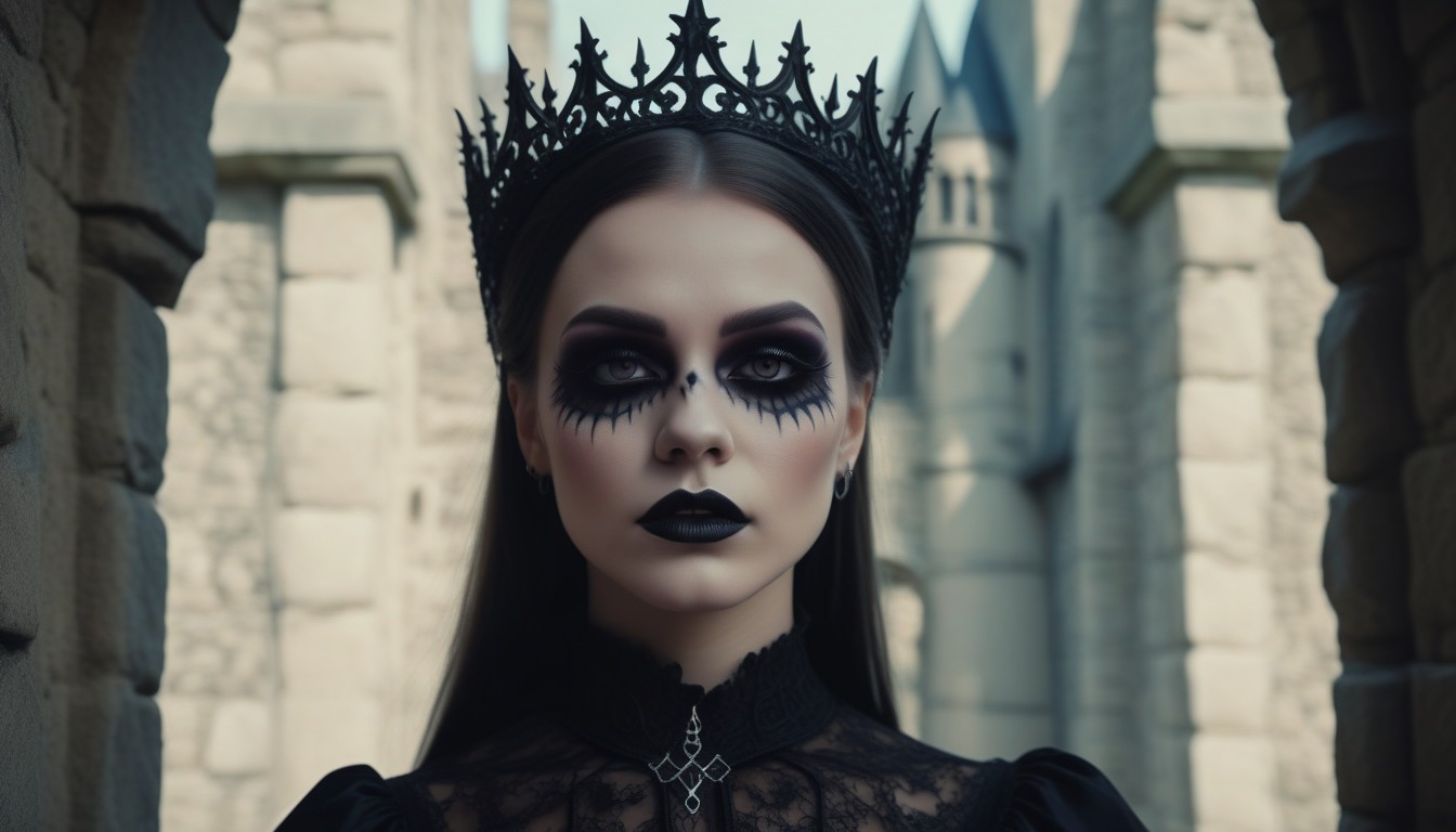 Woman in black crown standing in castle Woman in black crown standing in castle
