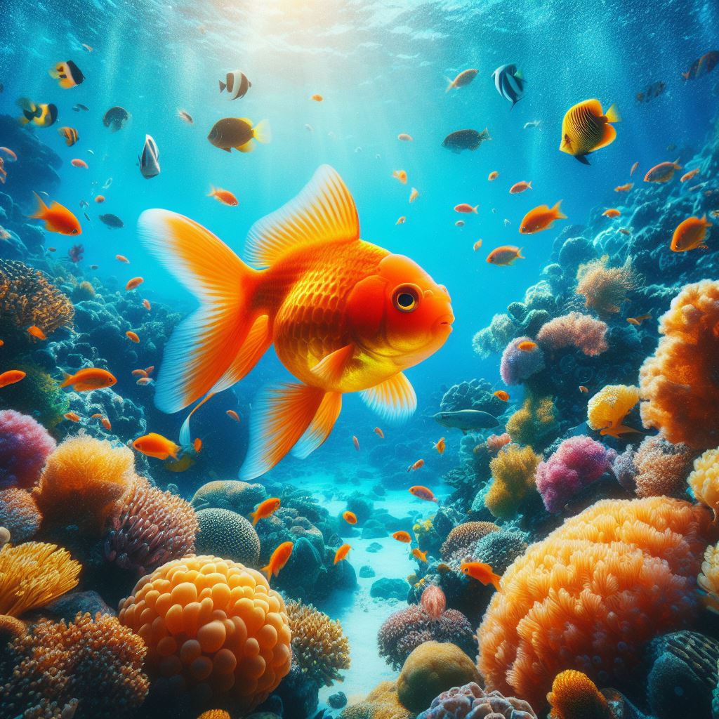 Goldfish swimming through coral reef Goldfish swimming through coral reef