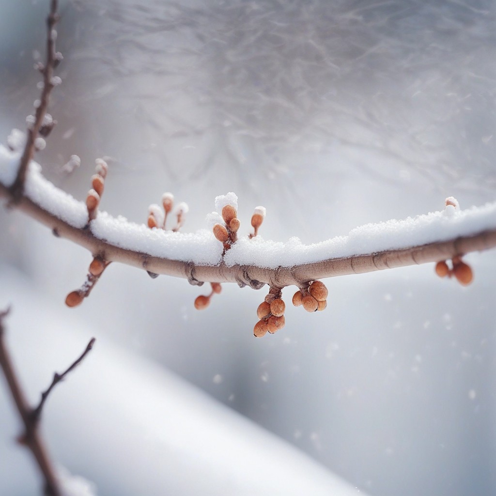 Snow-covered branch with buds Snow-covered branch with buds