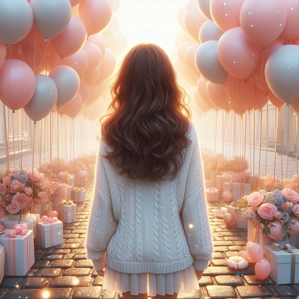 Woman walking through balloon archway Woman walking through balloon archway