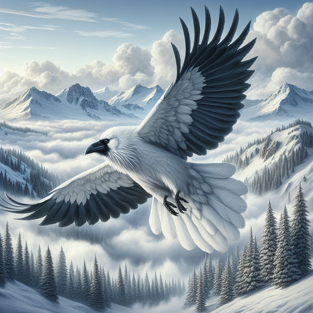 White raven soaring over snowy mountains White raven soaring over snowy mountains