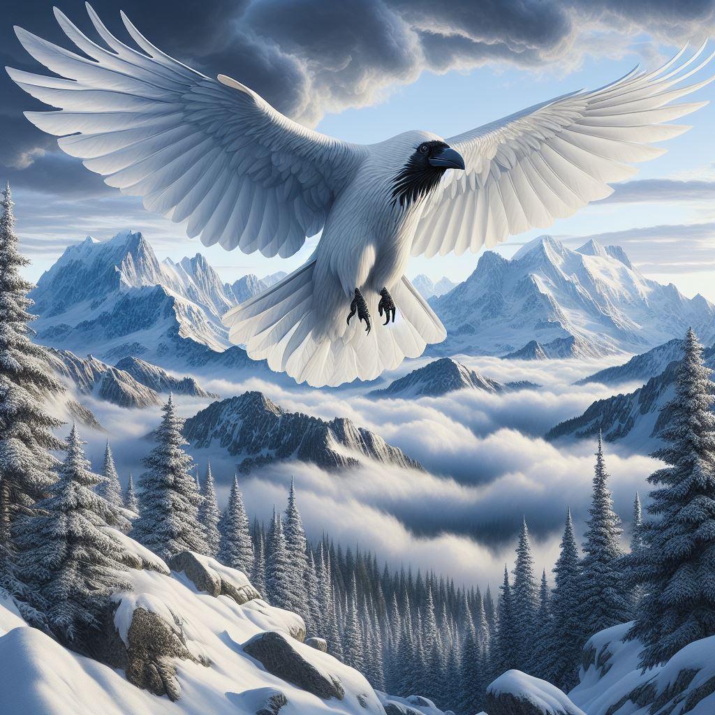 White raven soaring above snowy mountains White raven soaring above snowy mountains
