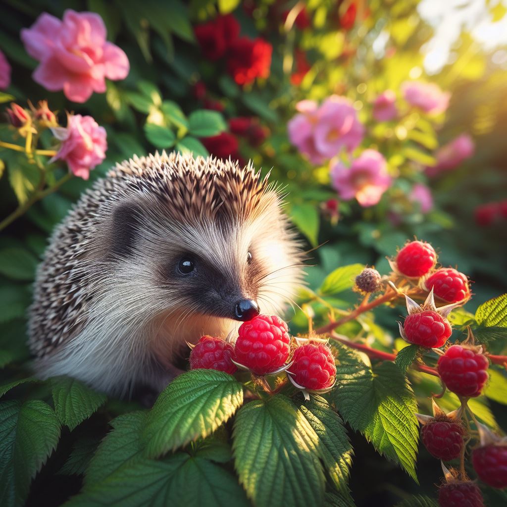 Hedgehog eating raspberries in a garden Hedgehog eating raspberries in a garden