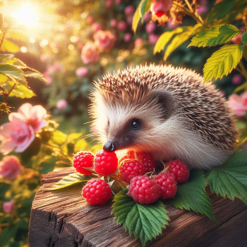 Hedgehog eating raspberries in garden Hedgehog eating raspberries in garden